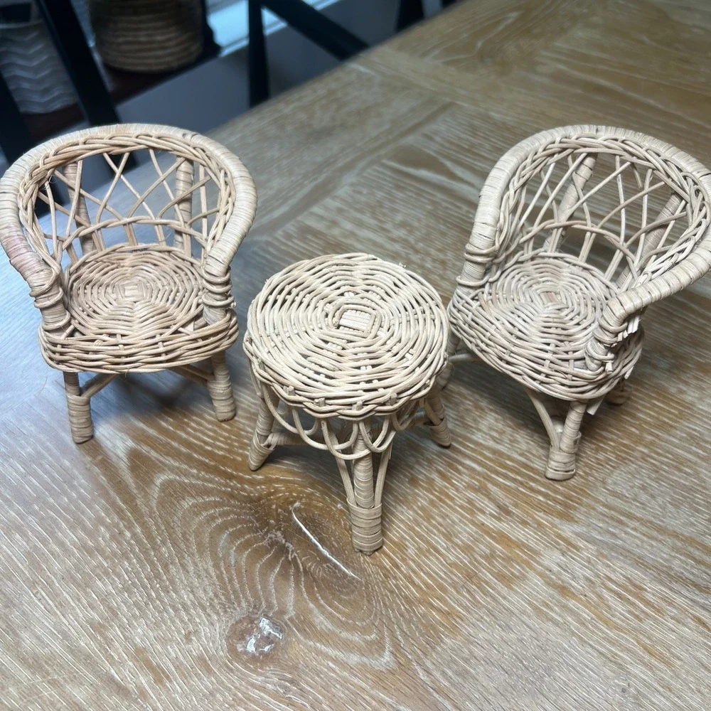 Vintage Set Wicker Rattan Patio Dollhouse Furniture: 2 Chairs & Table